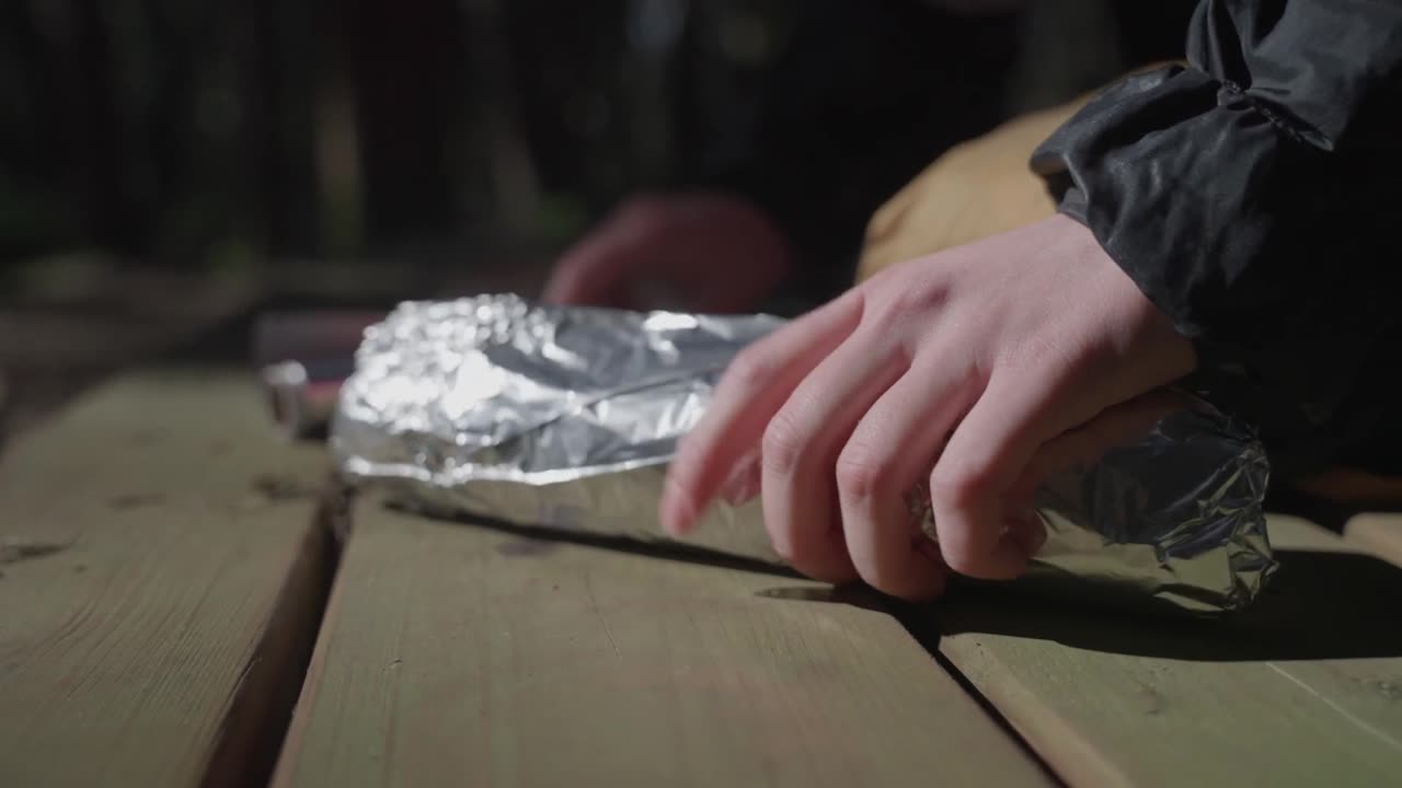 Hands wrapping food in foil by a fire