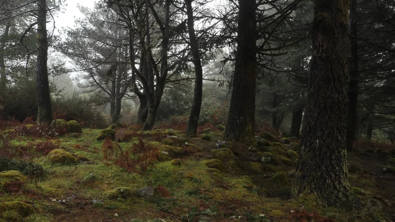 Rain falling on moss in a forest